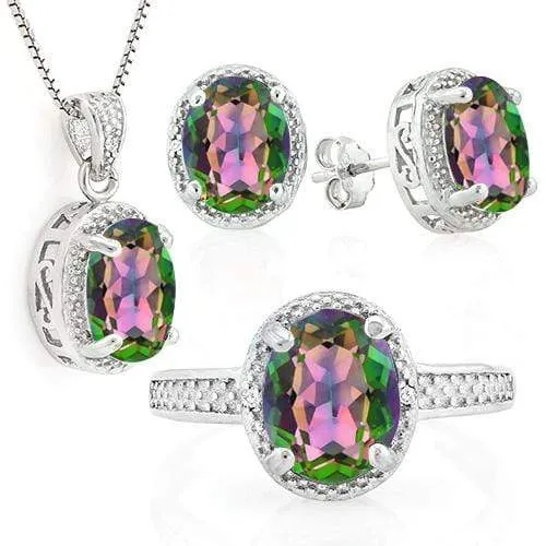 7 2/5 CARAT GREEN MYSTIC GEMSTONE & DIAMOND 925 STERLING SILVER JEWELRY SET