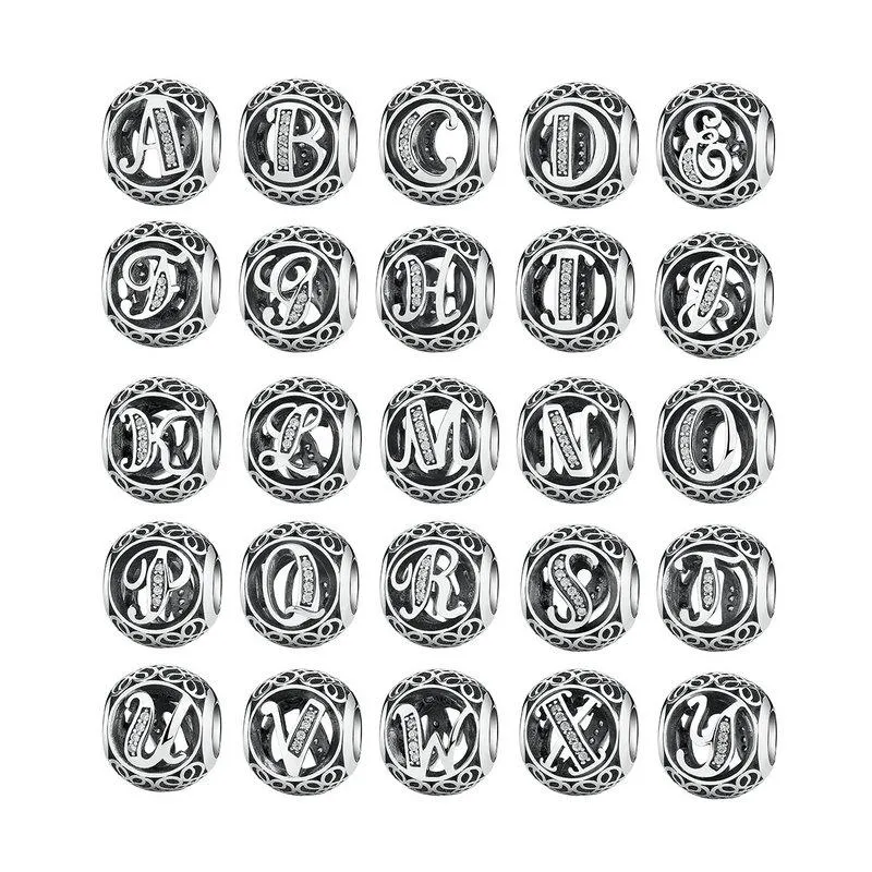 925 Sterling Silver Vintage Alphabet Letter Beads Fit Charms Bracelet