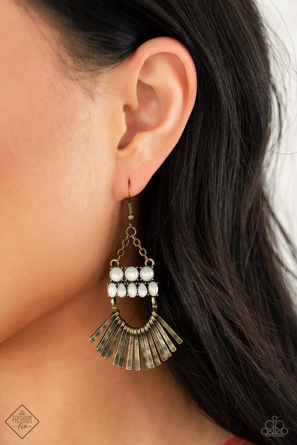 A FLARE For Fierceness Brass and White Opal Earrings - Paparazzi Accessories