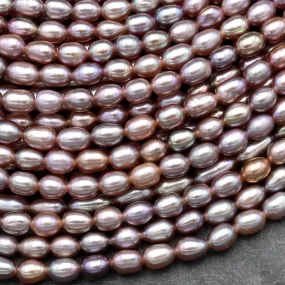 AAA Genuine Freshwater Natural Metallic Mauve Pink Purple Pearl Oval Rice Shape Iridescent High Luster Pearl 16" Strand