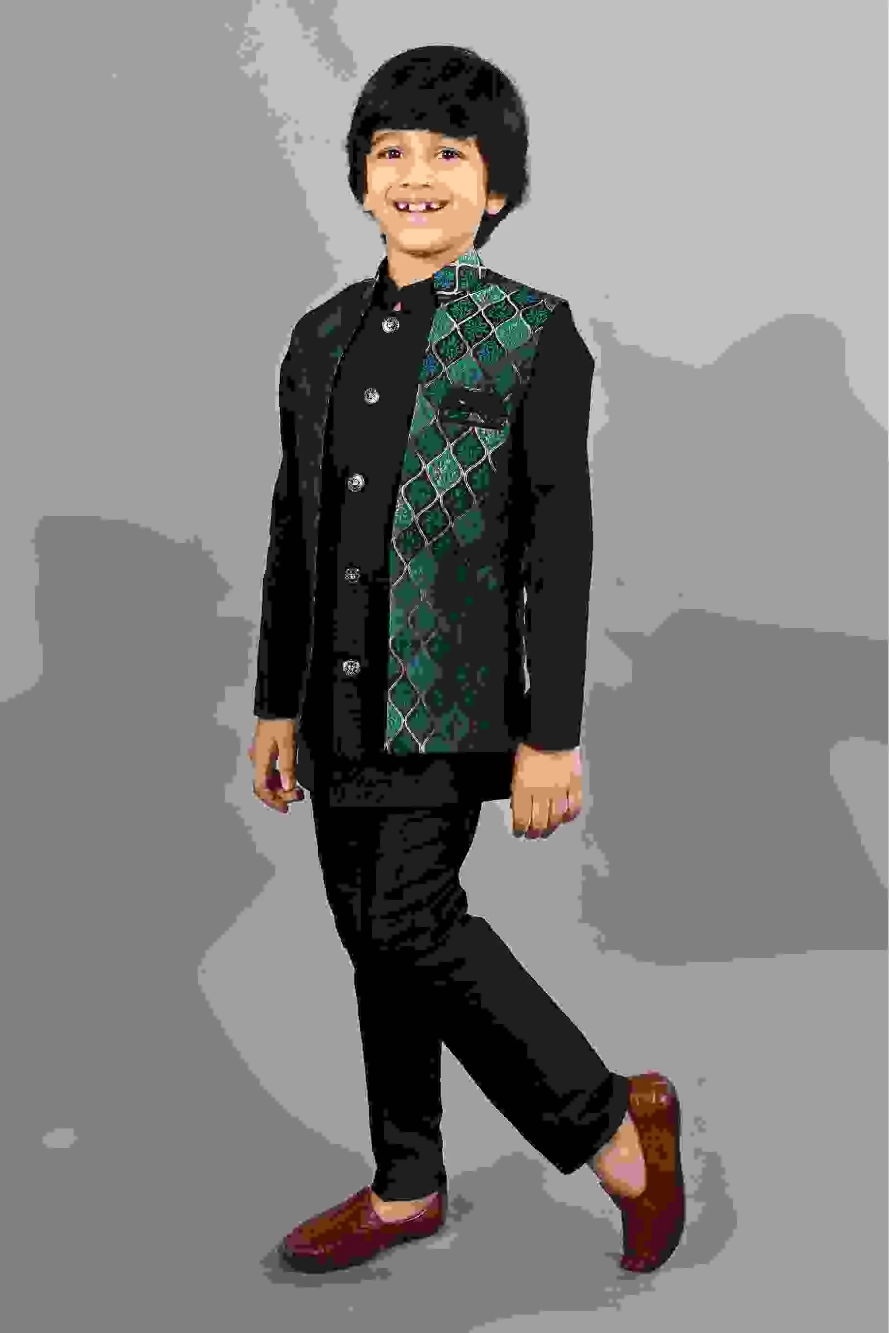 Ahhaaaa Kids Silk Blend Waistcoat, Kurta Pyjama 3 Piece Sherwani Set For Boys