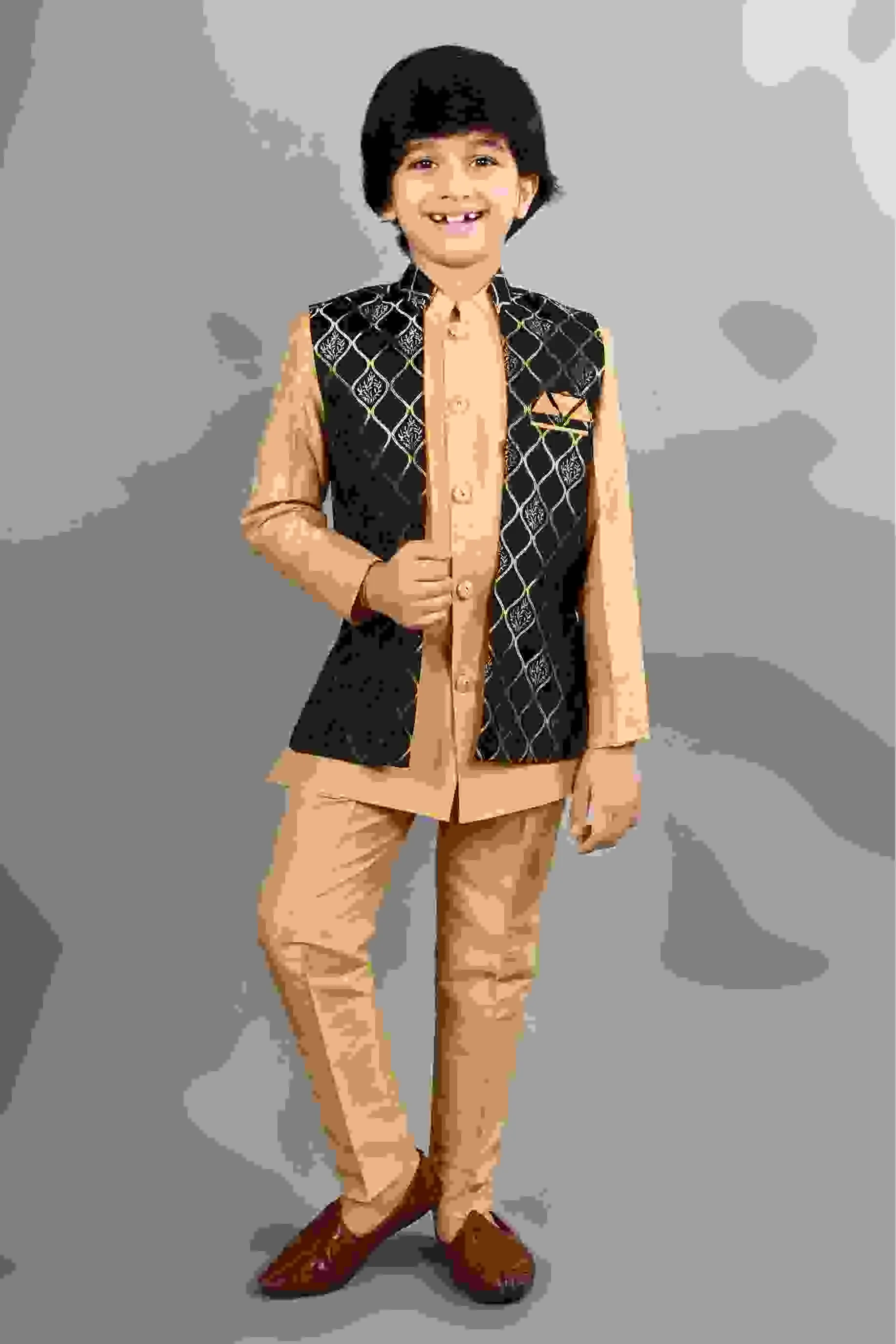 Ahhaaaa Kids Silk Blend Waistcoat, Kurta Pyjama 3 Piece Sherwani Set For Boys