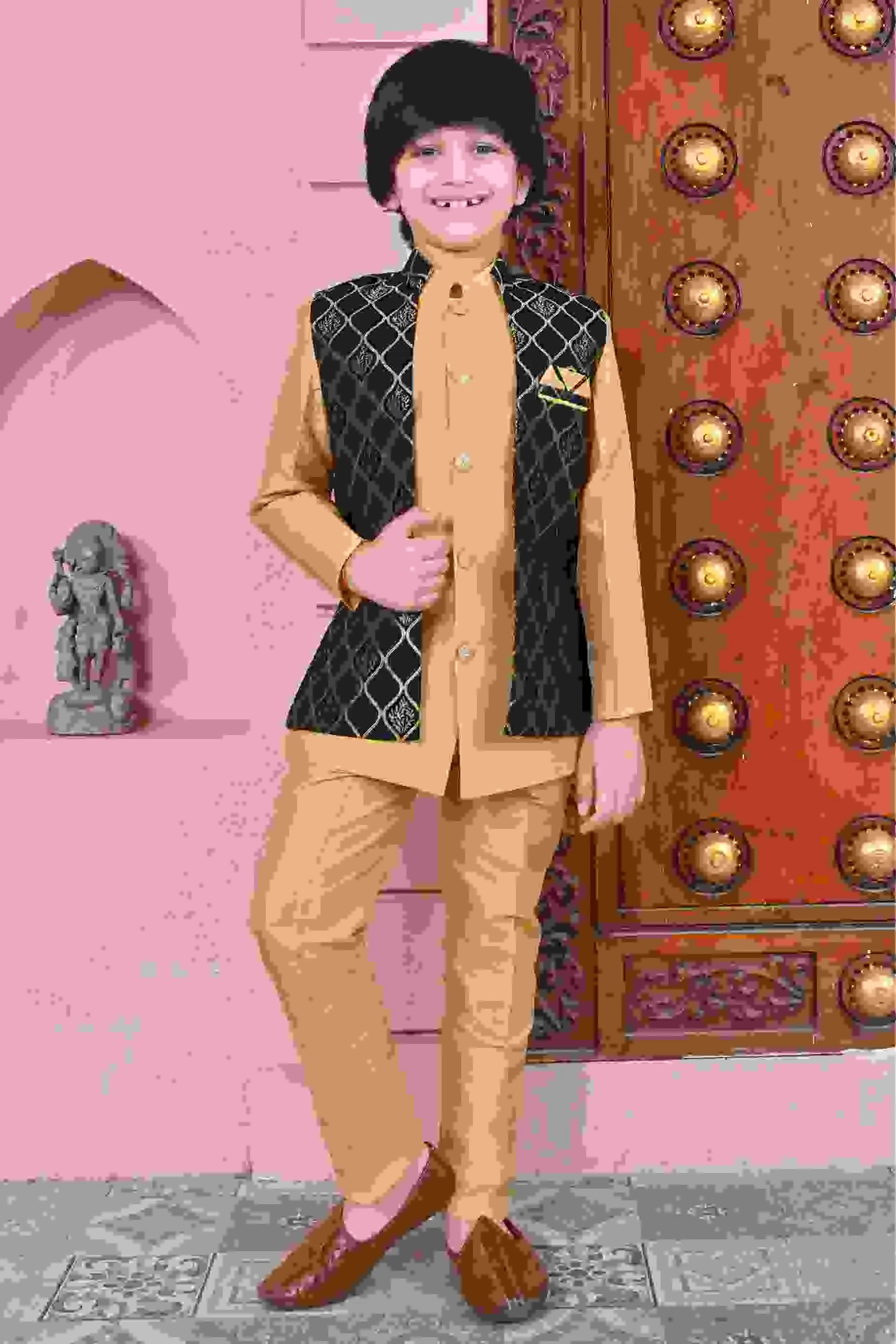 Ahhaaaa Kids Silk Blend Waistcoat, Kurta Pyjama 3 Piece Sherwani Set For Boys