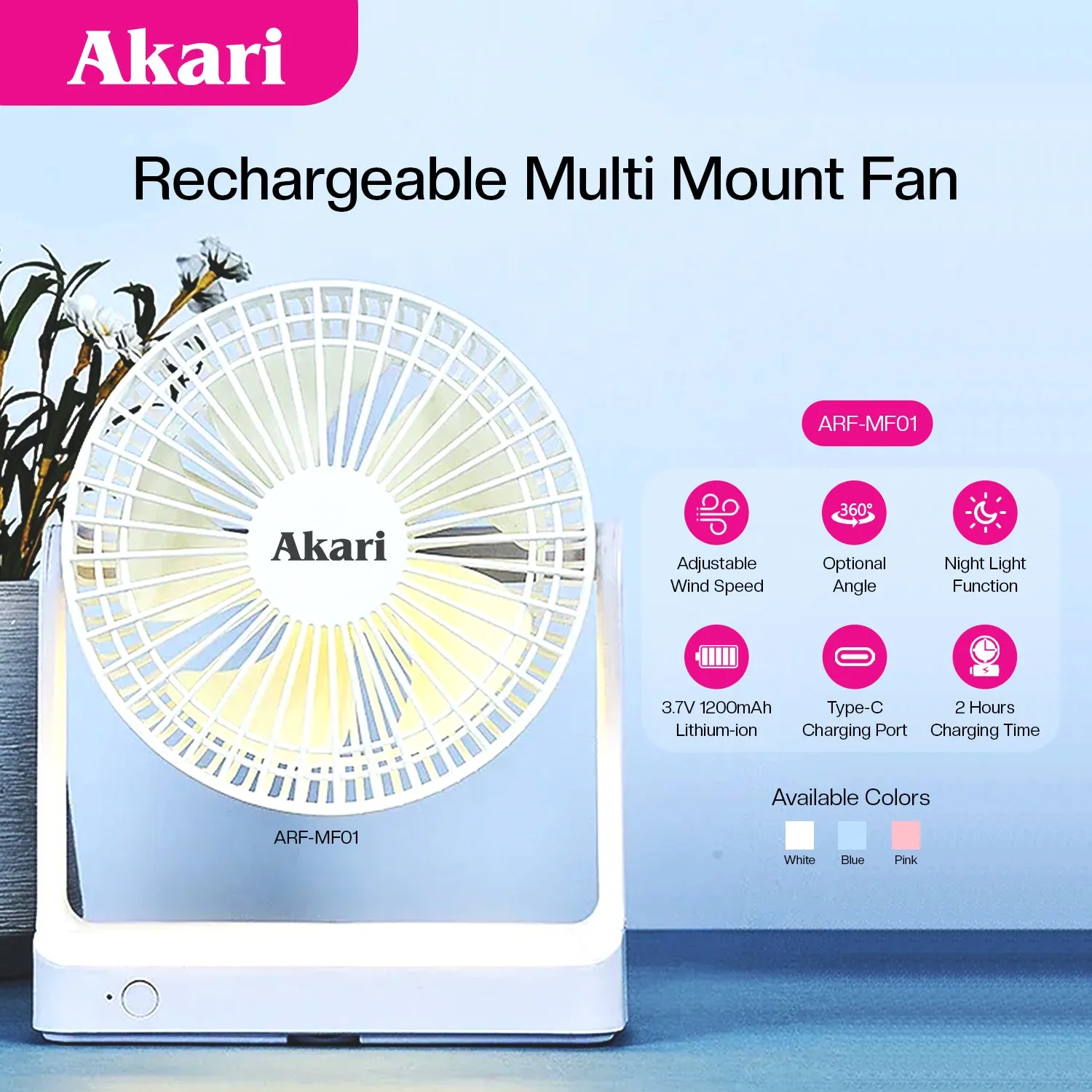 Akari Rechargeable Multi Mount Fan (ARF-MF01)