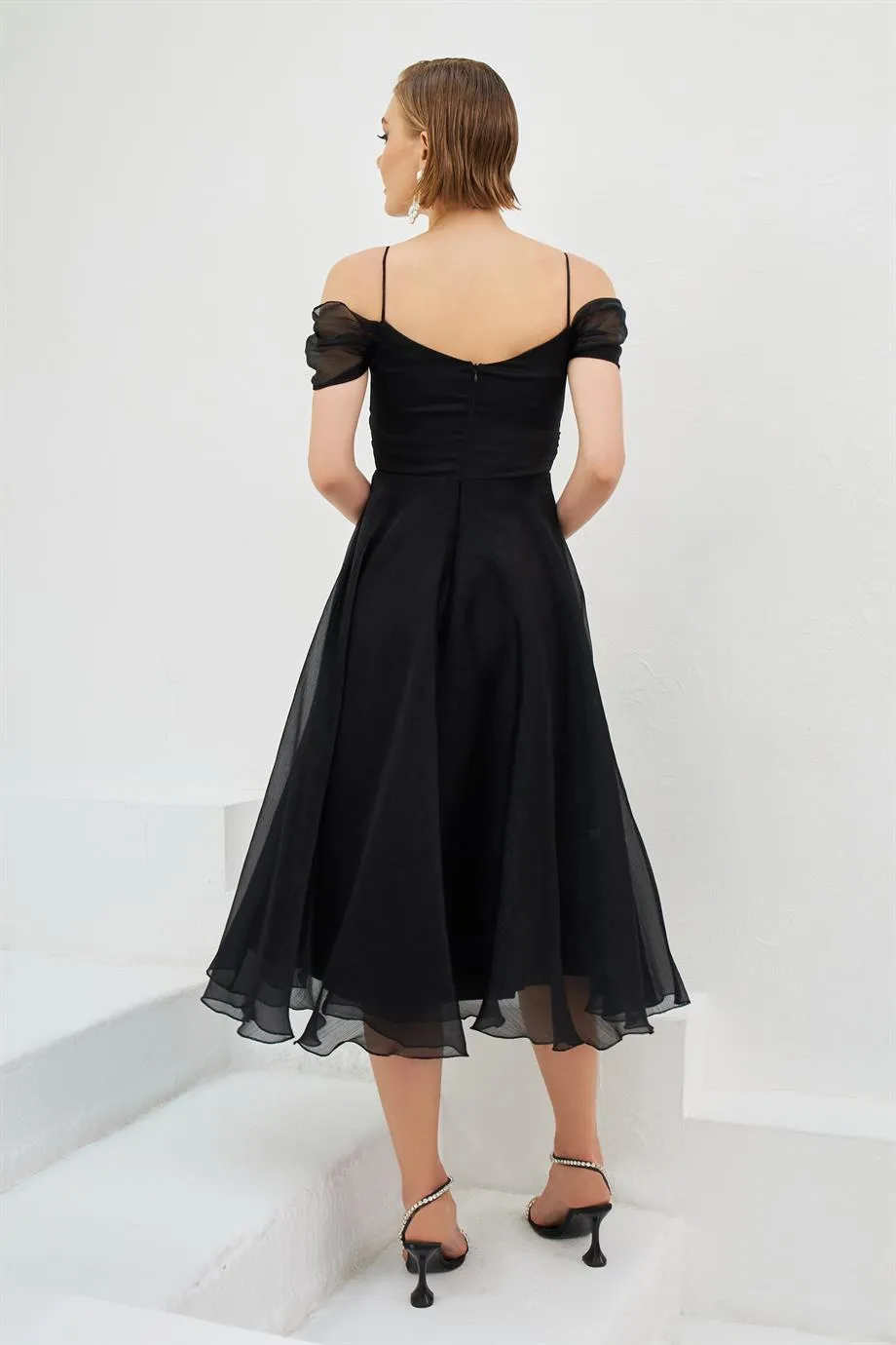 Angelino Black Organze Low Sleeve Short Evening Dress