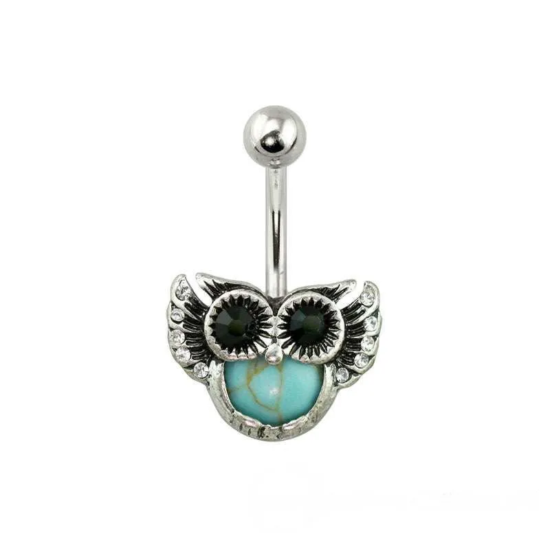 Antique Silver Turquoise Gem Owl 316L Surgical Steel Navel Ring