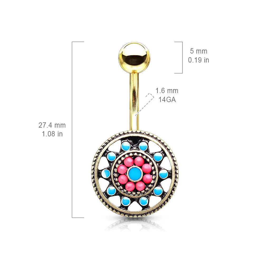 Aztec Sun Wheel Belly Bar with Gold Plating