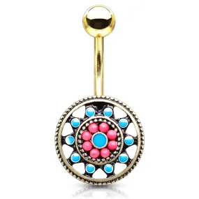 Aztec Sun Wheel Belly Bar with Gold Plating