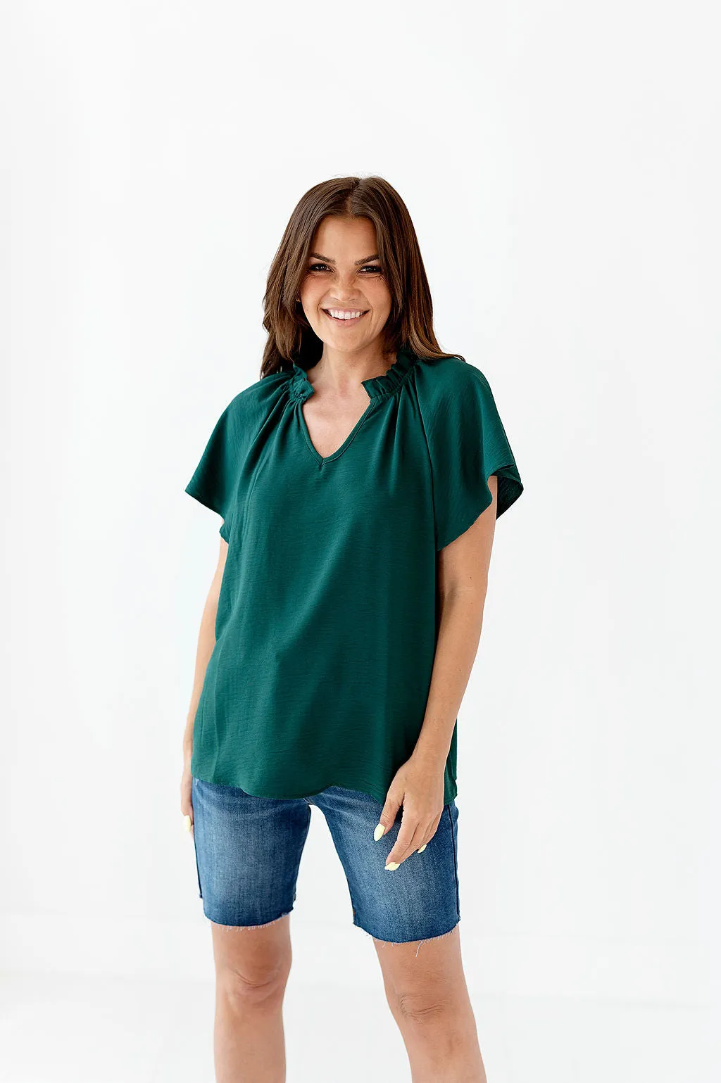 Bailey Ruffle Top in Hunter Green - Size Small Left