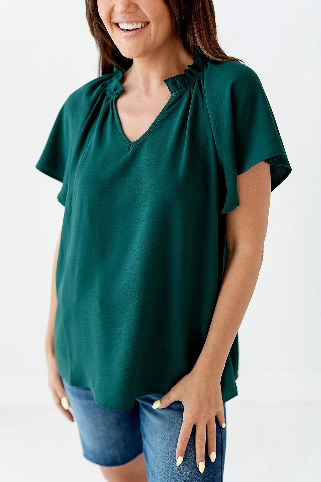 Bailey Ruffle Top in Hunter Green - Size Small Left