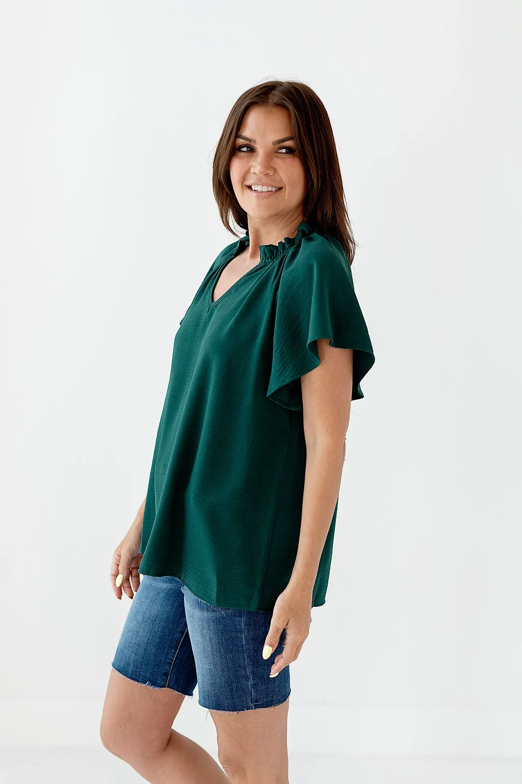 Bailey Ruffle Top in Hunter Green - Size Small Left