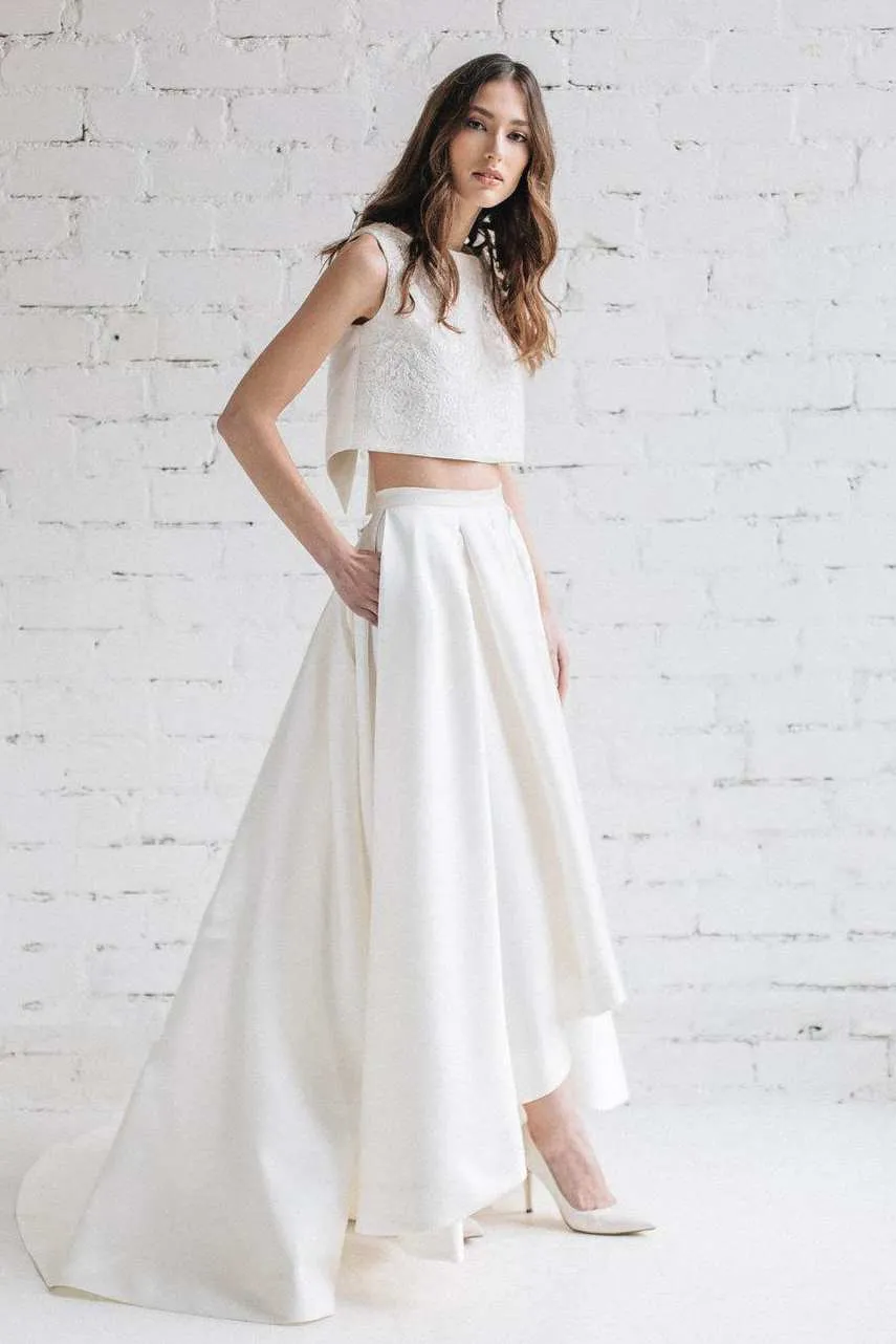 Bateau Sleeveless Two-Piece A-Line Satin Wedding Dress-714975