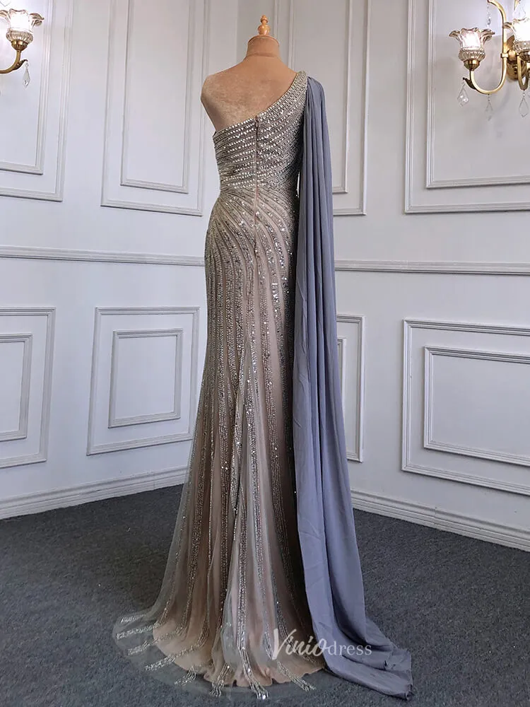 Beaded Watteau Train Evening Dresses with Slit One Shoulder Prom Dress 20050