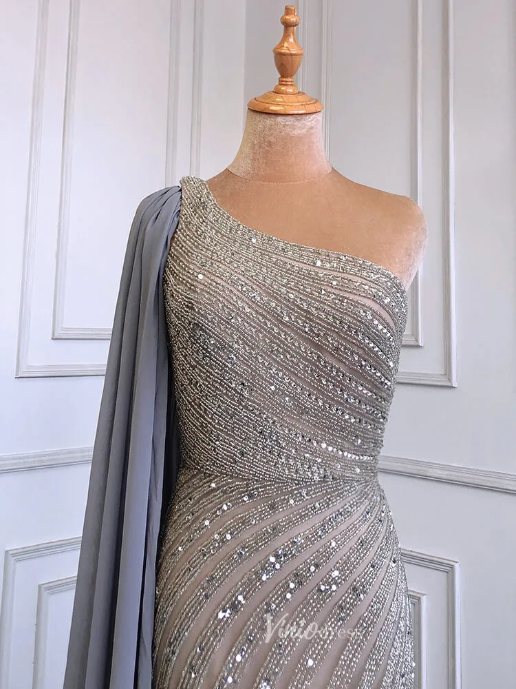 Beaded Watteau Train Evening Dresses with Slit One Shoulder Prom Dress 20050