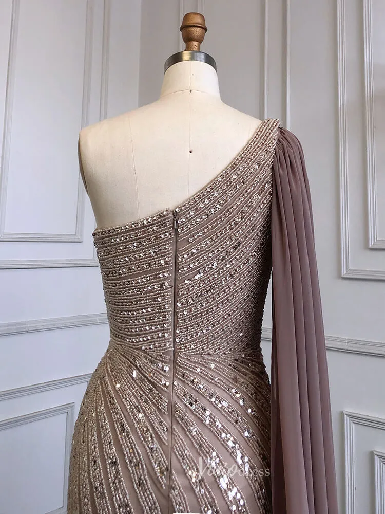 Beaded Watteau Train Evening Dresses with Slit One Shoulder Prom Dress 20050