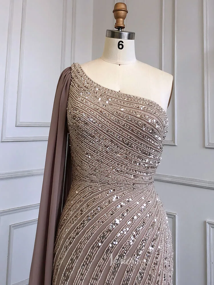 Beaded Watteau Train Evening Dresses with Slit One Shoulder Prom Dress 20050