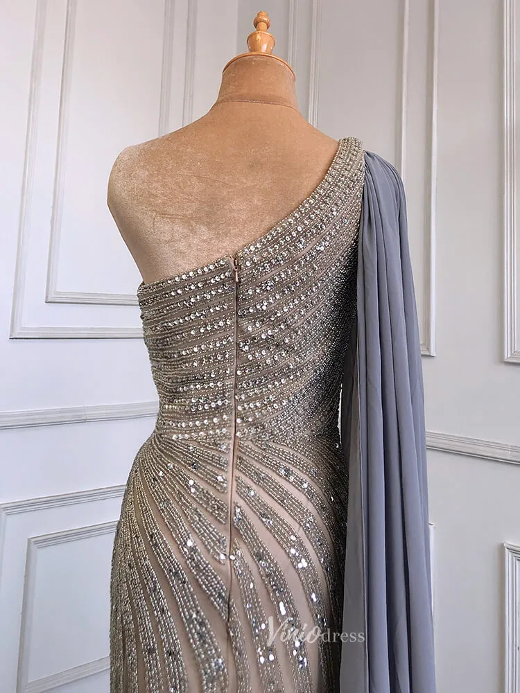 Beaded Watteau Train Evening Dresses with Slit One Shoulder Prom Dress 20050