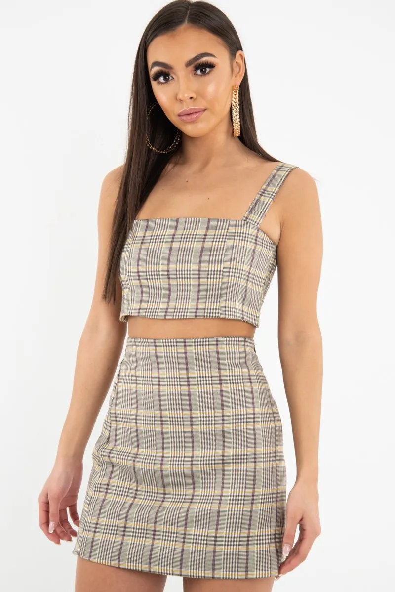 Beige Checked Bodycon Mini Skirt - Adaya