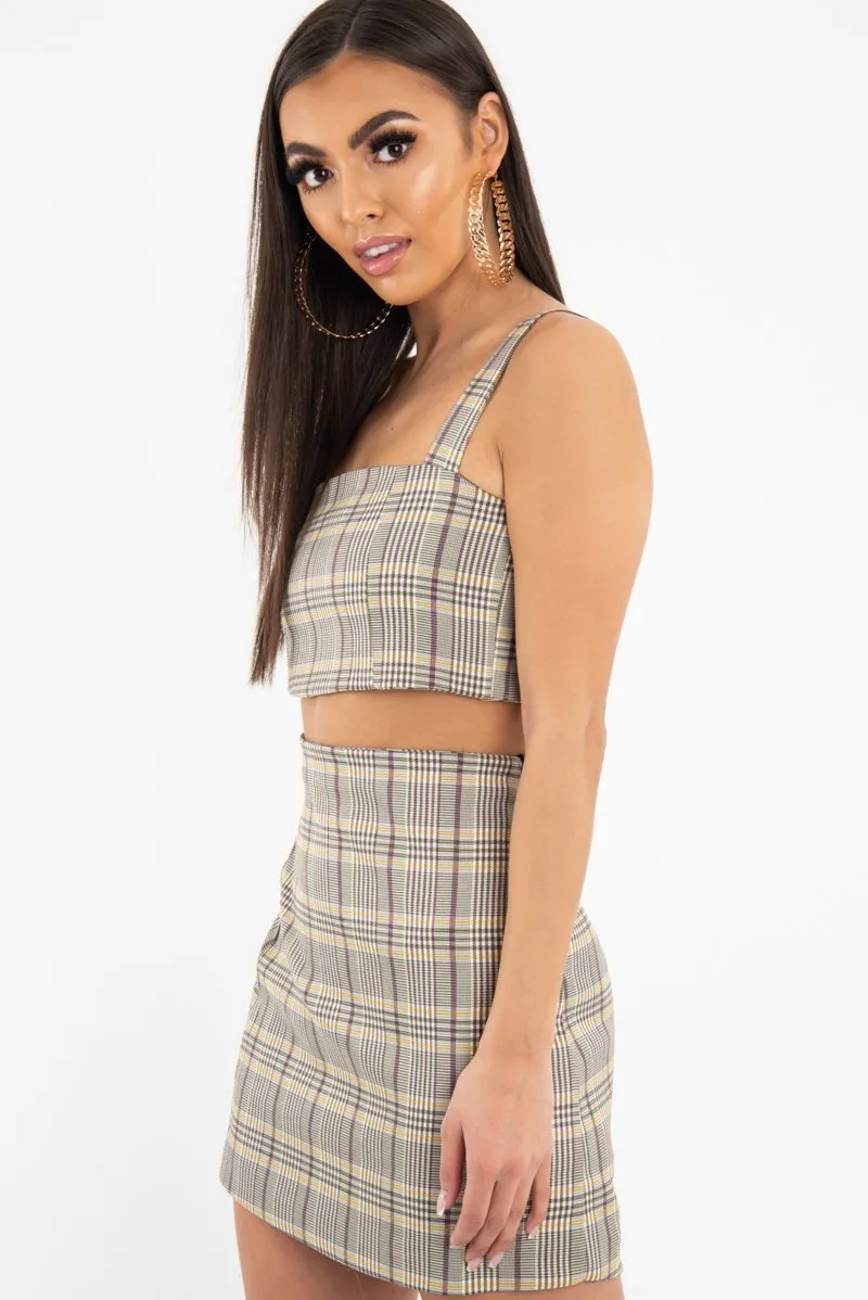 Beige Checked Bodycon Mini Skirt - Adaya