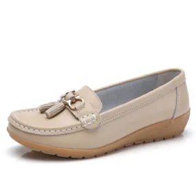 Beige Genuine Leather Plus Size Slipon Low Heel Flat Shoes for Women