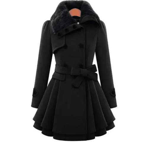 BELTED DOUBLE BREASTED PEACOAT WITH TURN-DOWN FAUX FUR COLLAR