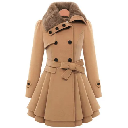 BELTED DOUBLE BREASTED PEACOAT WITH TURN-DOWN FAUX FUR COLLAR