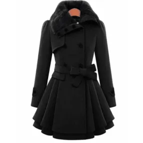 BELTED DOUBLE BREASTED PEACOAT WITH TURN-DOWN FAUX FUR COLLAR