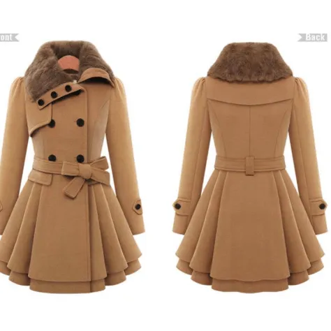 BELTED DOUBLE BREASTED PEACOAT WITH TURN-DOWN FAUX FUR COLLAR