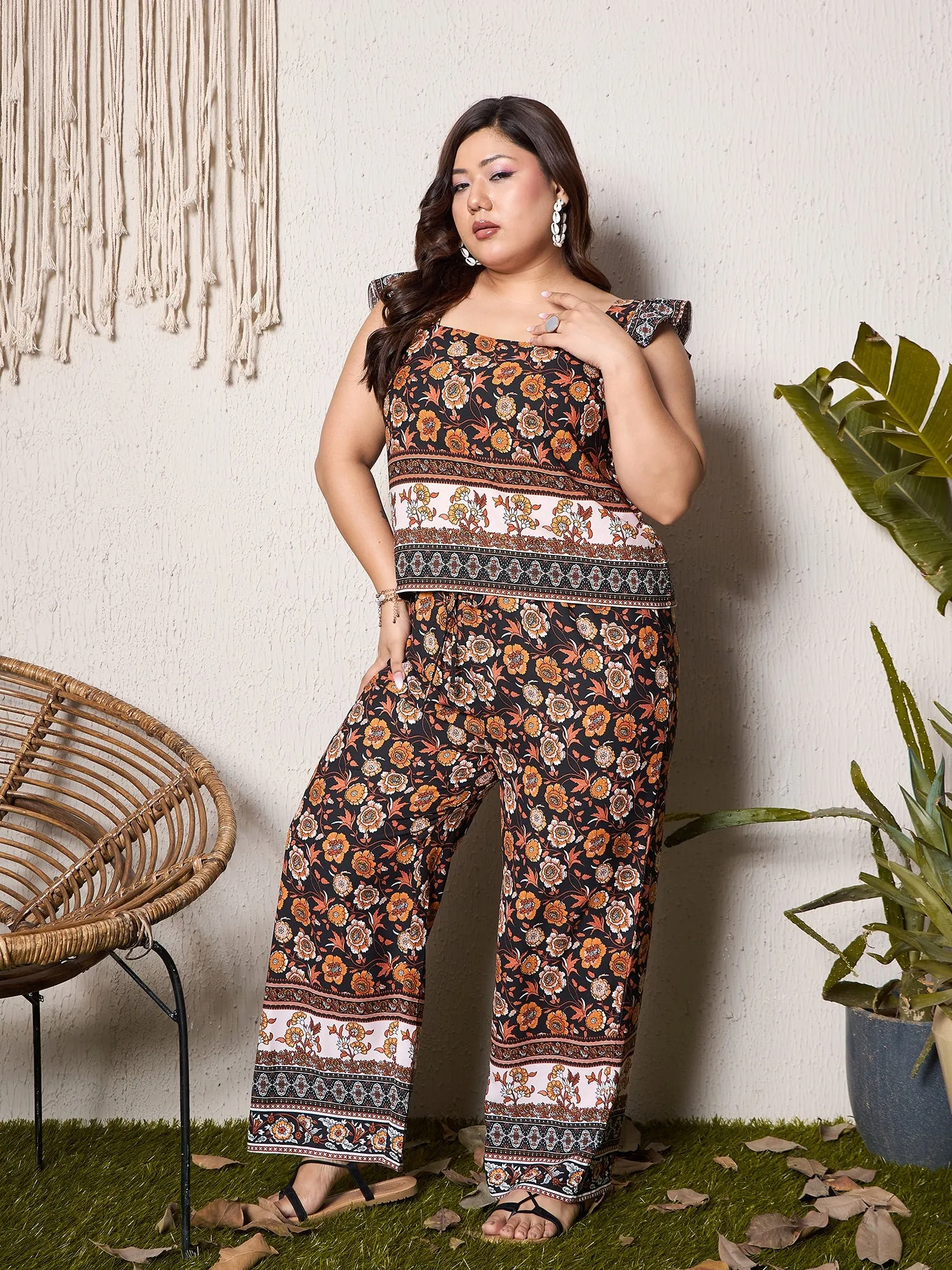 Berrylush Curve Women Black Floral Print Square Neck Regular Top & Trouser Set