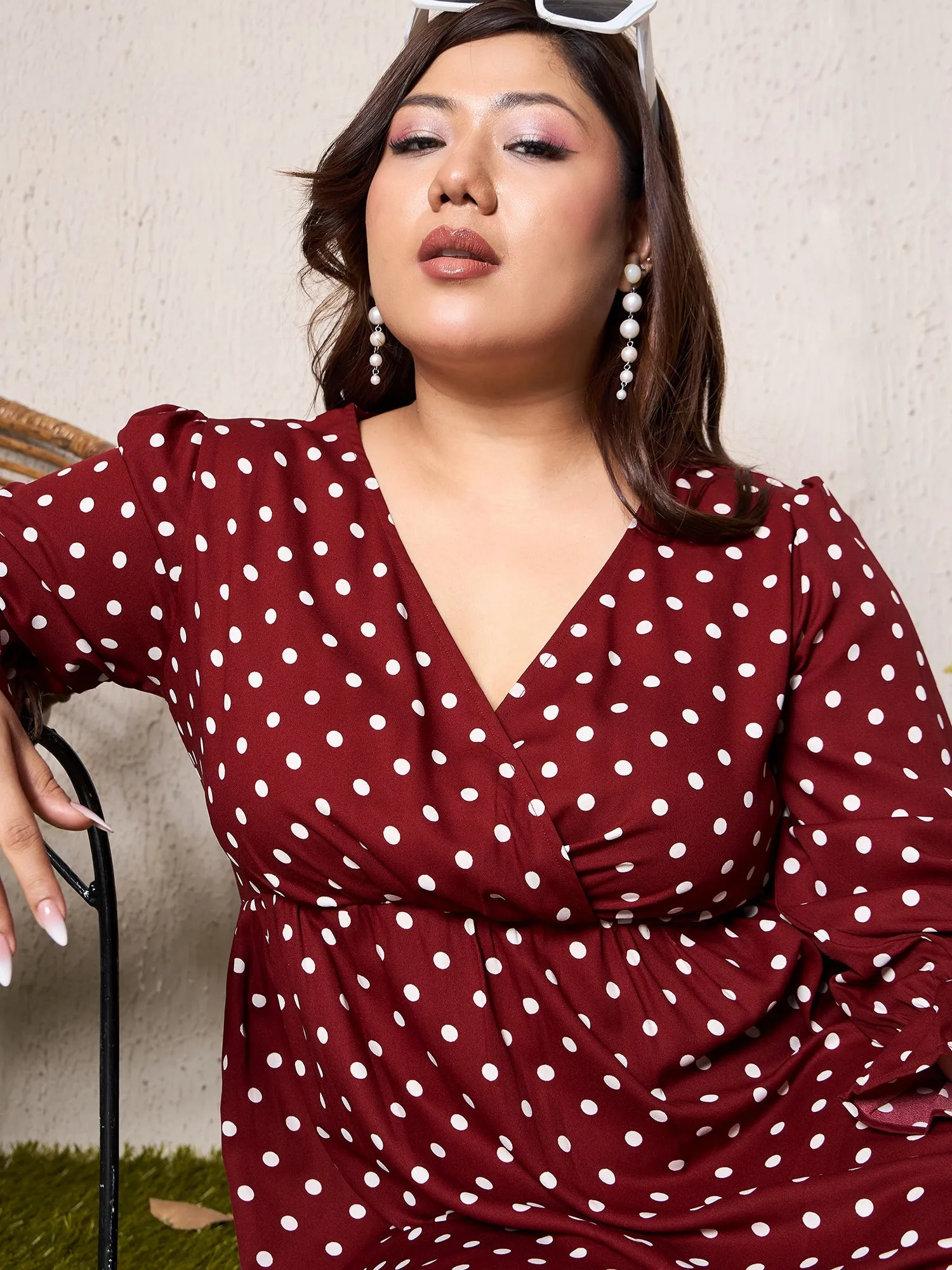 Berrylush Curve Women Red Polka Dots V-Neck Short Sleeve Maxi Dress