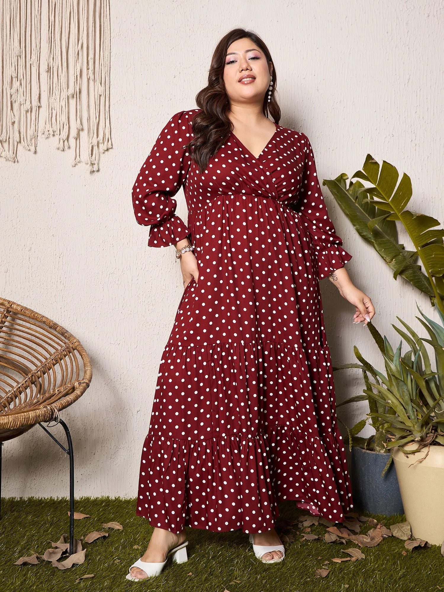 Berrylush Curve Women Red Polka Dots V-Neck Short Sleeve Maxi Dress