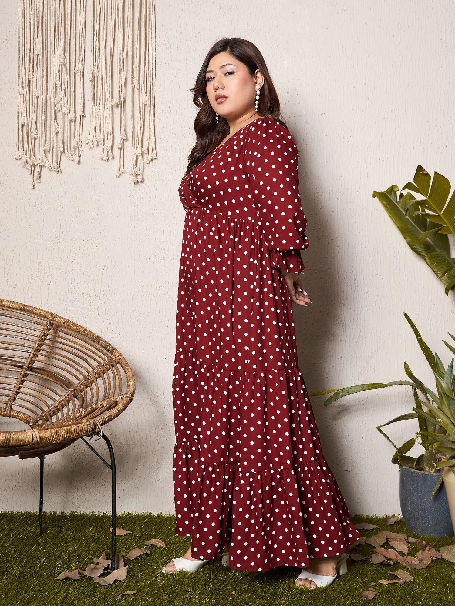 Berrylush Curve Women Red Polka Dots V-Neck Short Sleeve Maxi Dress