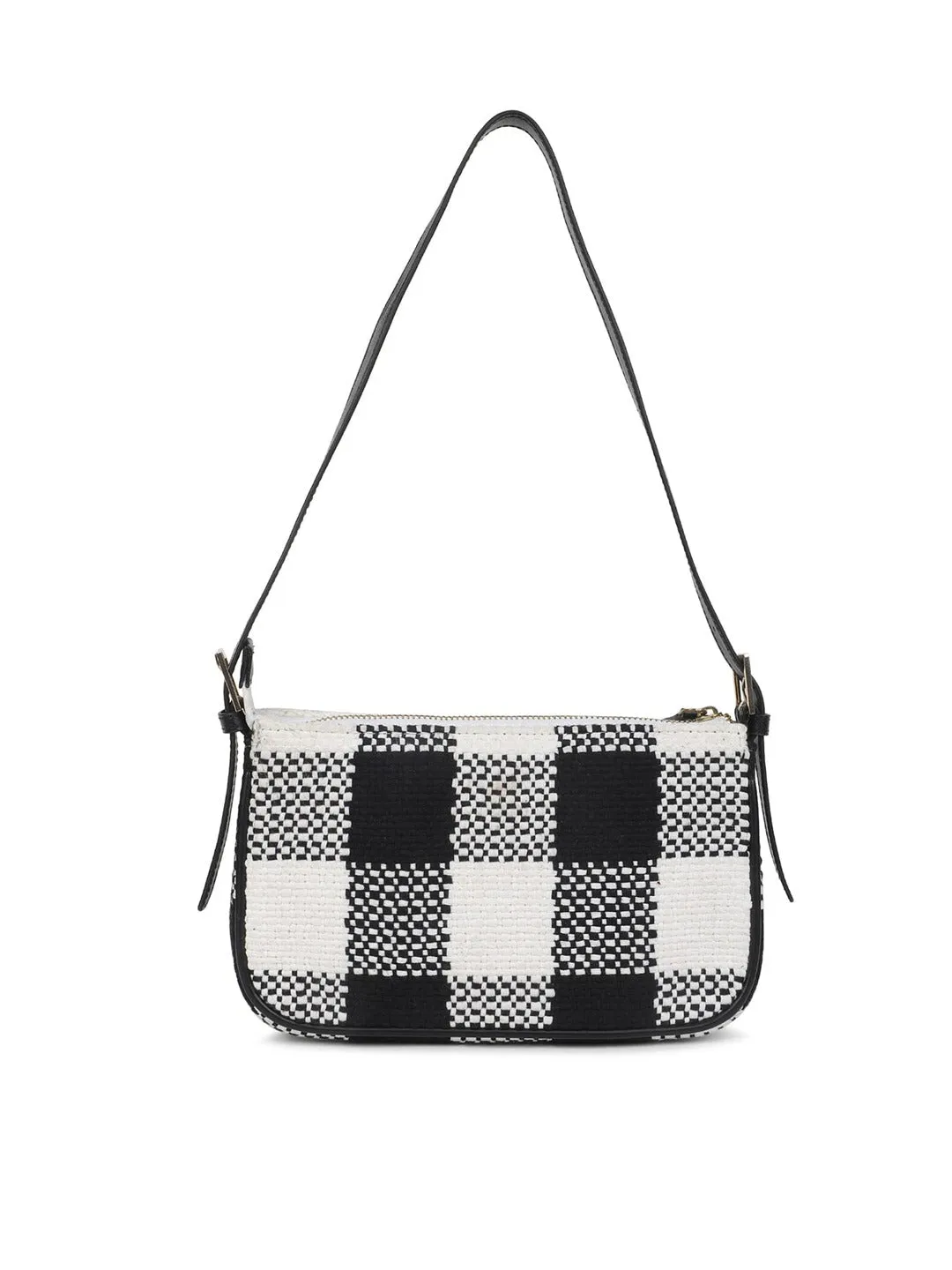 Berrylush Women Black & White Checked Pattern Cotton Zipper-Up Structured Handheld Bag