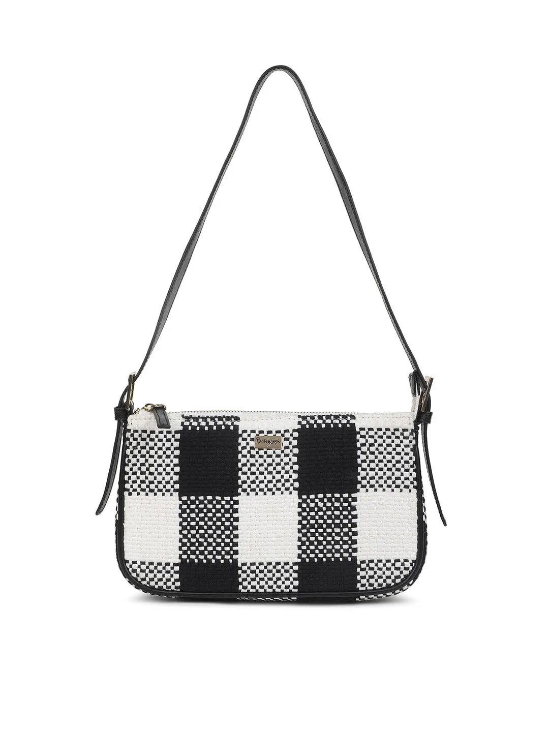 Berrylush Women Black & White Checked Pattern Cotton Zipper-Up Structured Handheld Bag