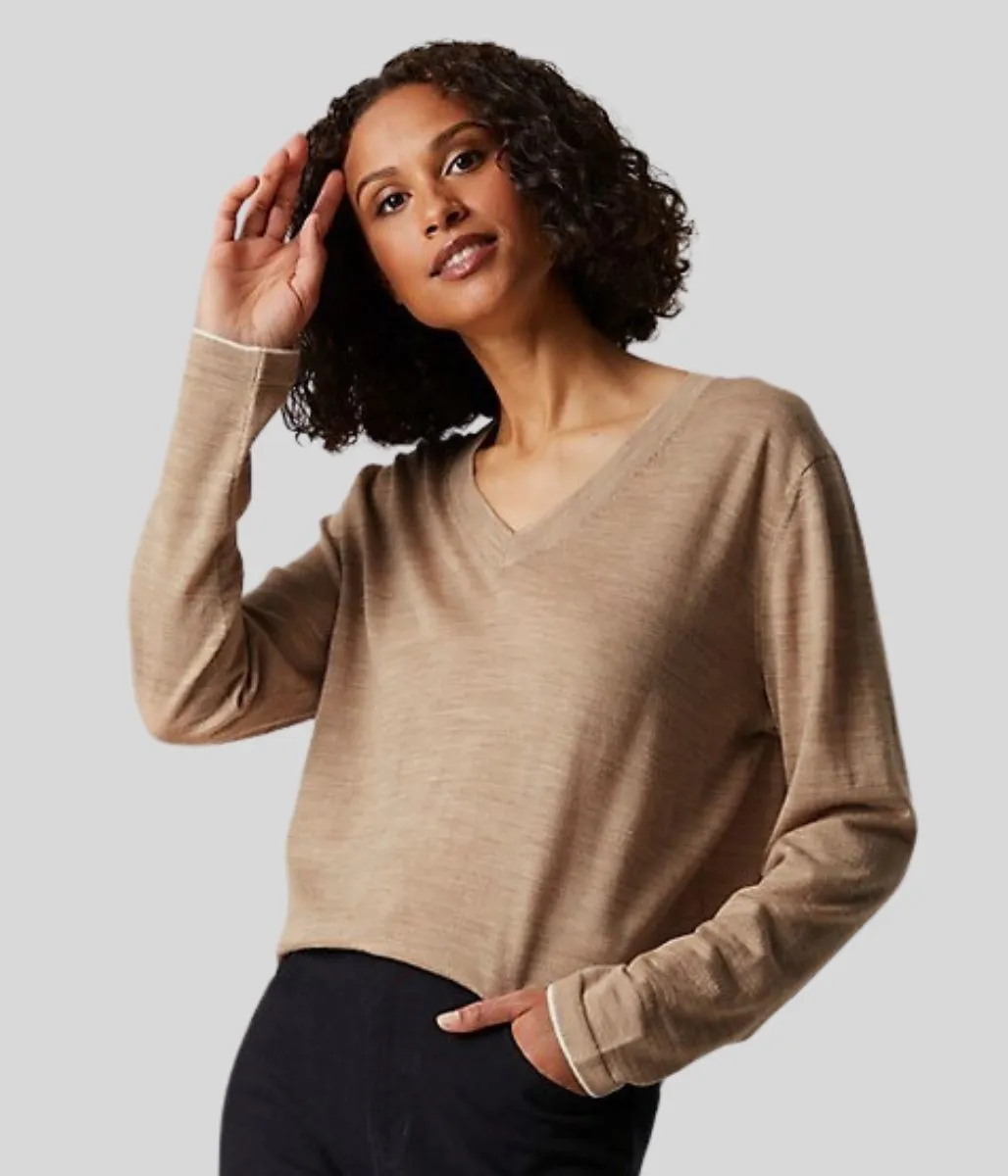 Biscuit Merino Wool V Neck Jumper