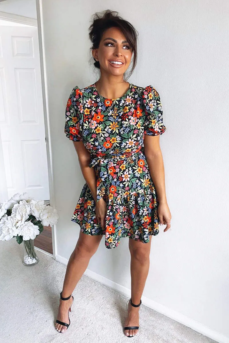 Black Floral Puff Sleeve Tie Waist Dress