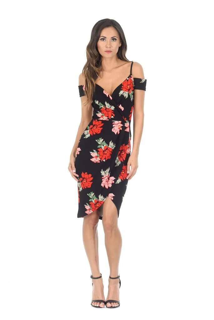 Black Floral Wrap Midi Dress