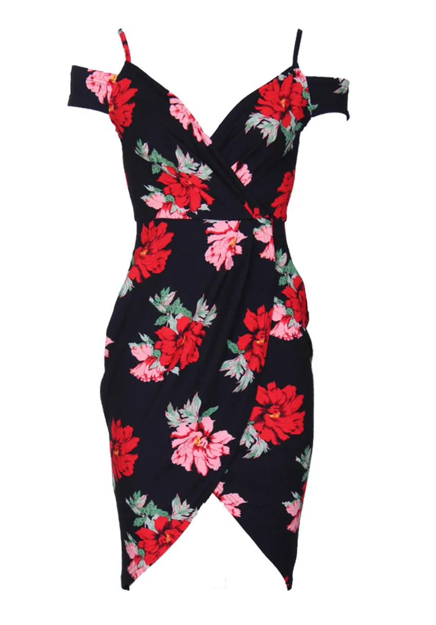 Black Floral Wrap Midi Dress