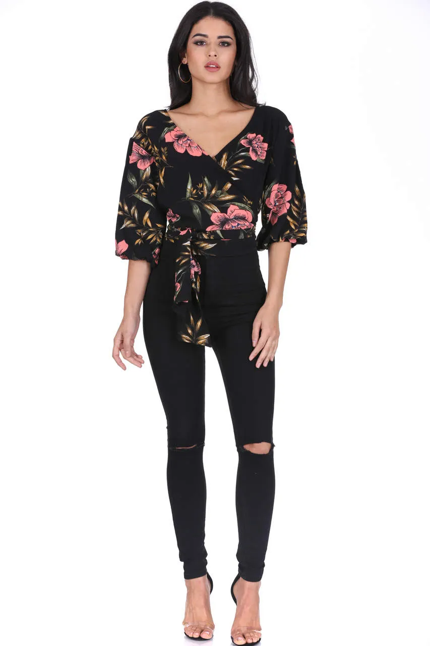 Black Floral Wrap Top