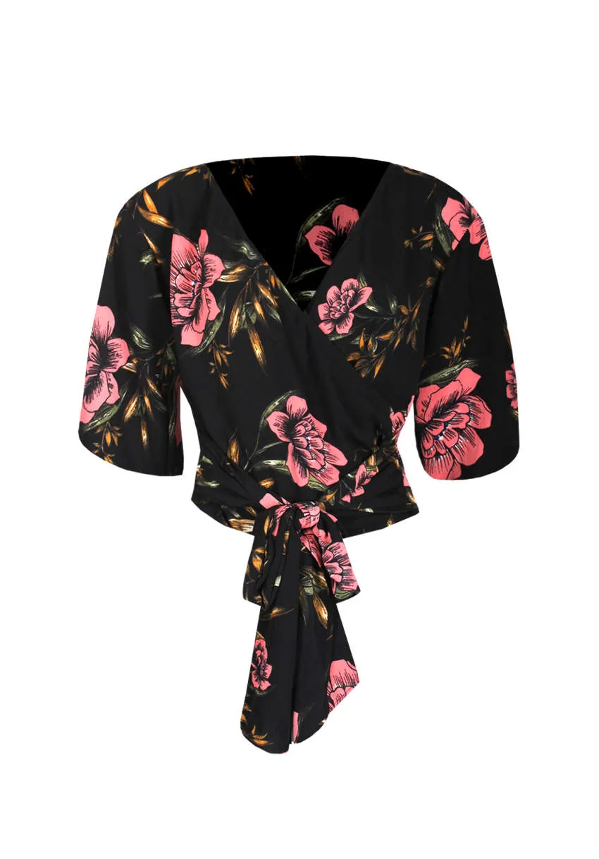 Black Floral Wrap Top