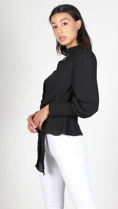 Black Peplum Front Waist Tie Blouse