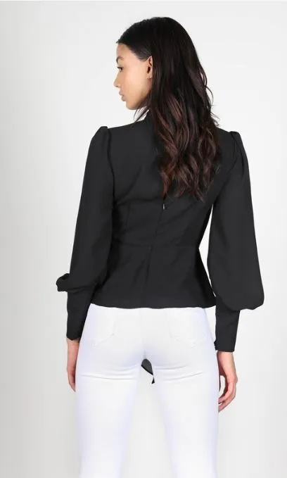 Black Peplum Front Waist Tie Blouse