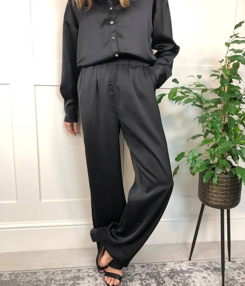 Black Rena Satin Wide Leg Trousers