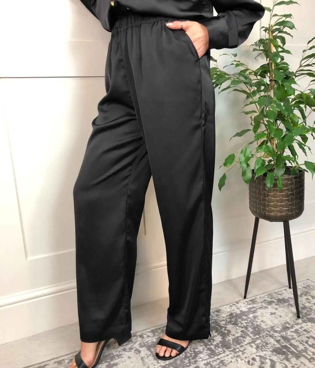 Black Rena Satin Wide Leg Trousers