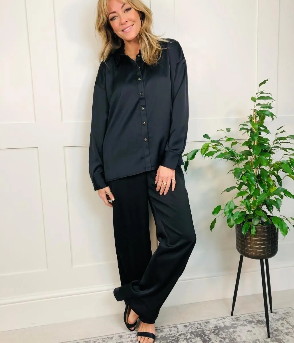 Black Rena Satin Wide Leg Trousers