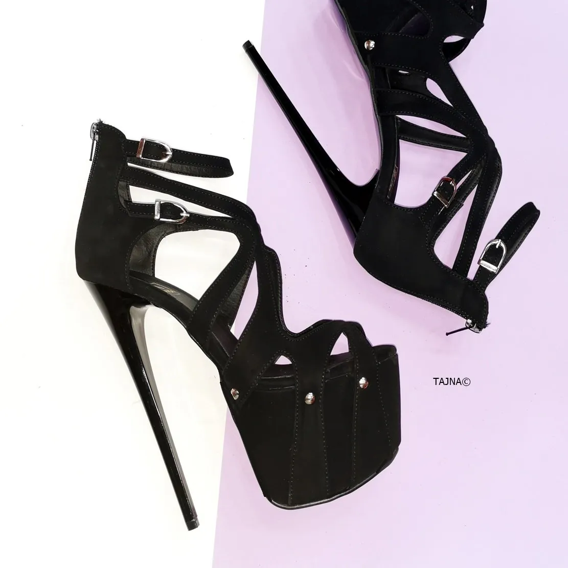 Black Suede Cage Design Platform Heels