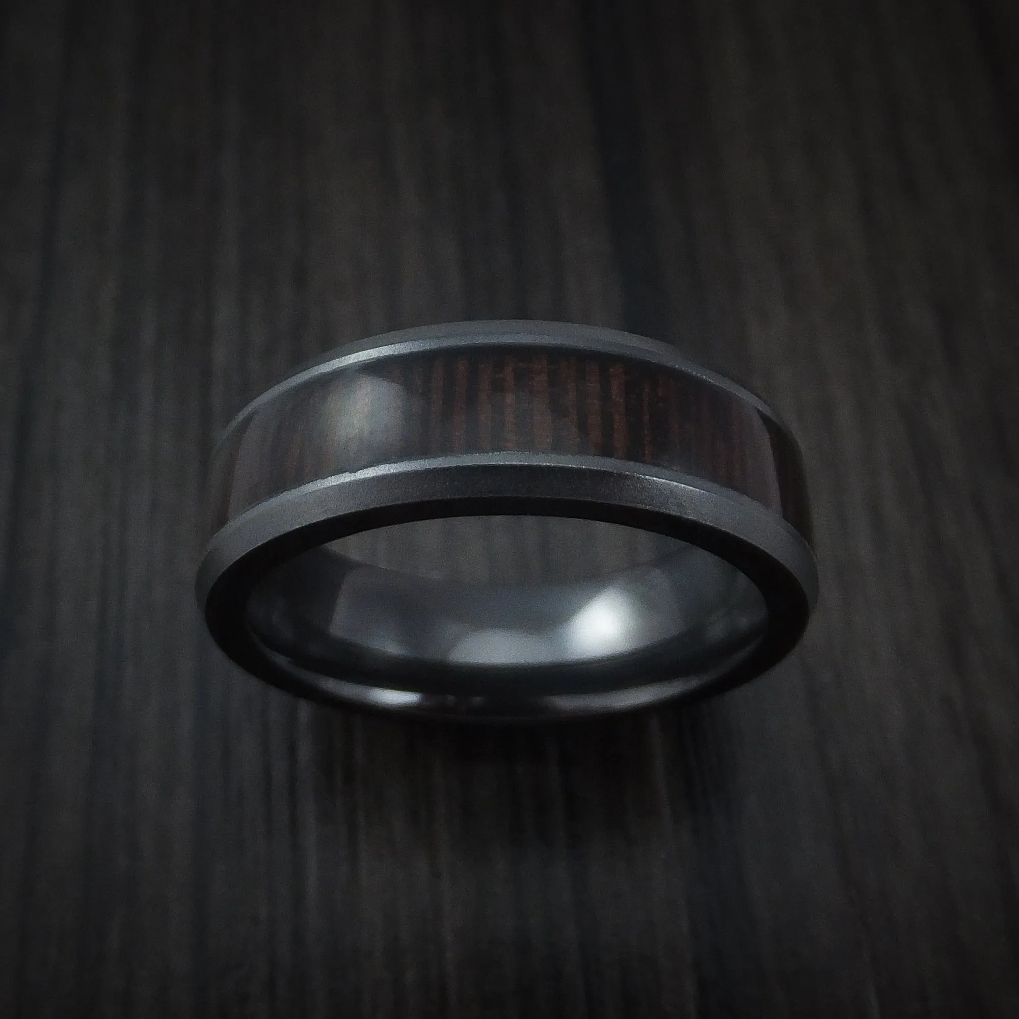 Black Titanium Men's Ring Inlaid with Wenge Wood Custom Made