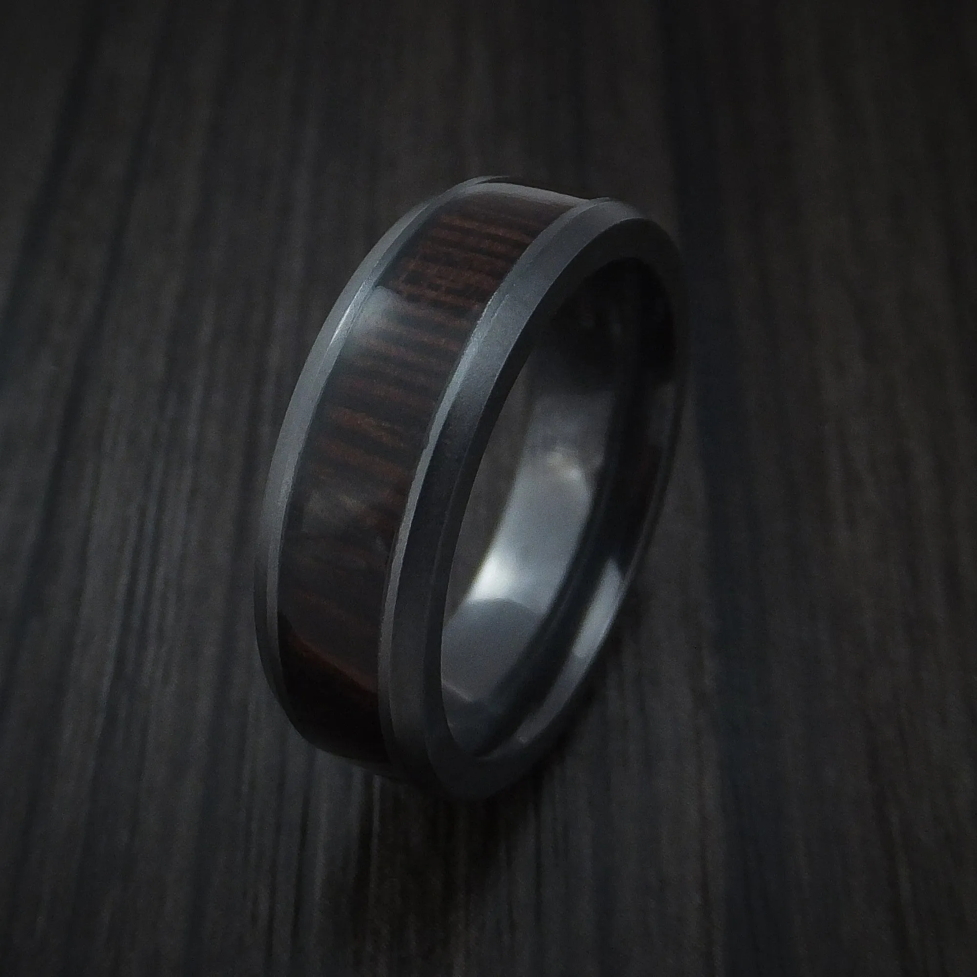 Black Titanium Men's Ring Inlaid with Wenge Wood Custom Made