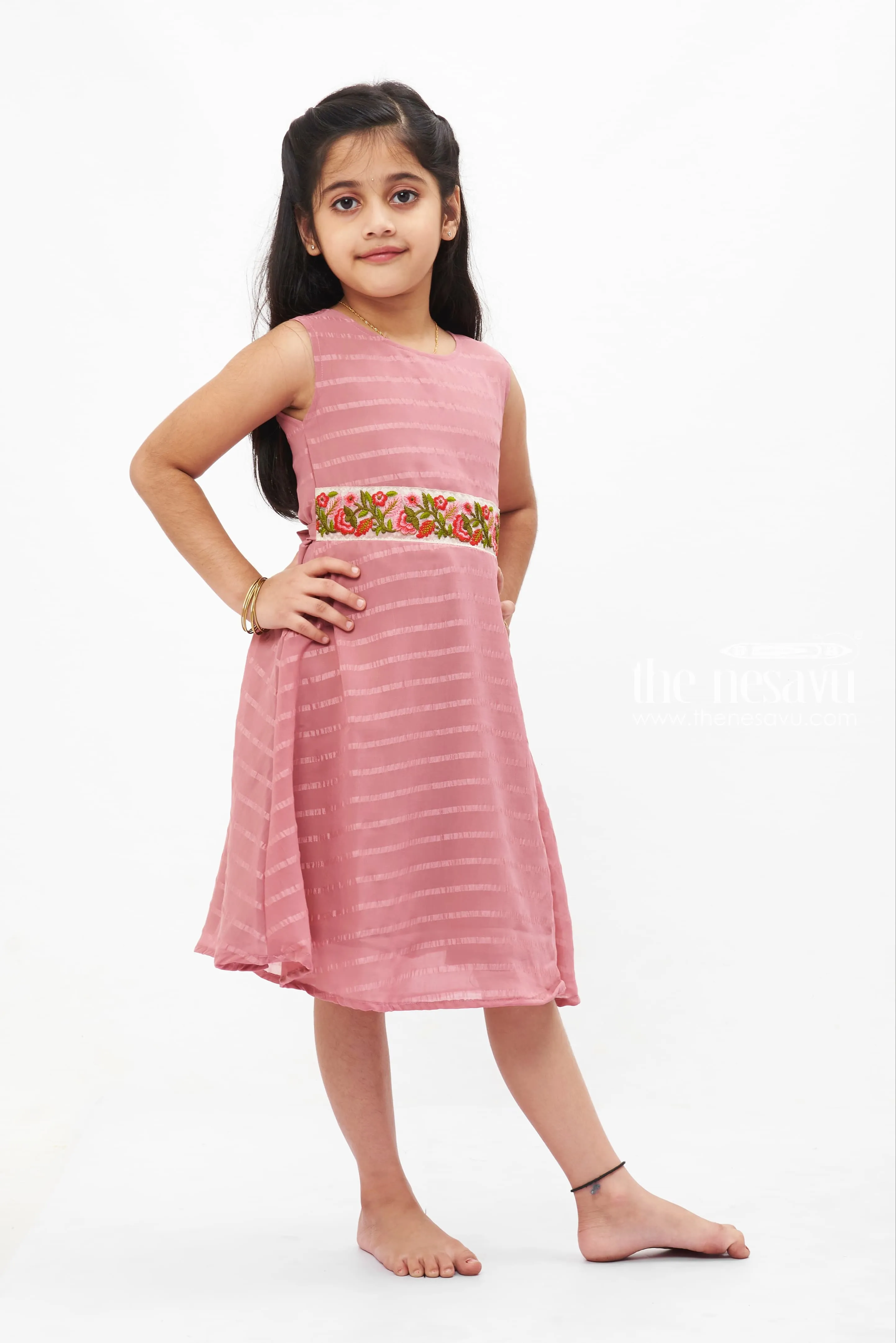 Blush Pink Elegance Dress: Subtle Stripes with Floral Embroidery for Girls