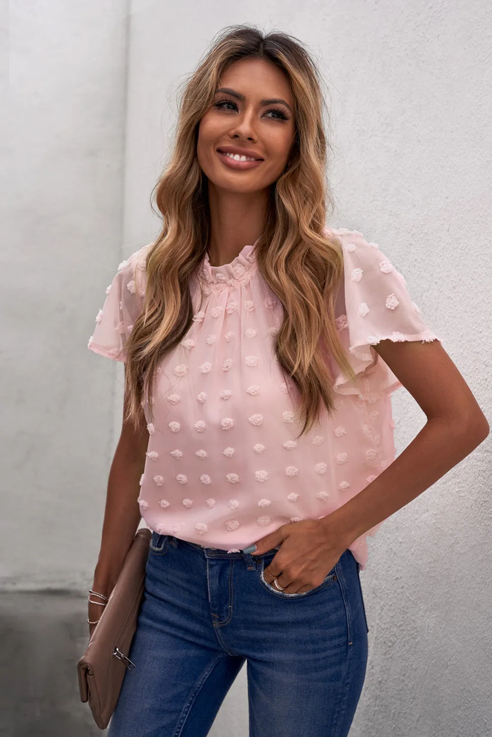 Blush Pink Ruffled Sleeve Swiss Dot Blouse